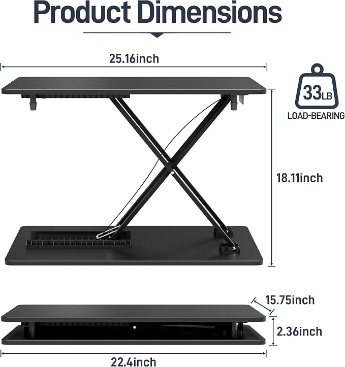 Height Adjustable Standing Desk Converter, 25.16" x 15.75", Black | Ready to Use Desk Riser for Laptop and Monitor, Sit Stand Workstation for Office, Bedroom and Living Room - Image 3