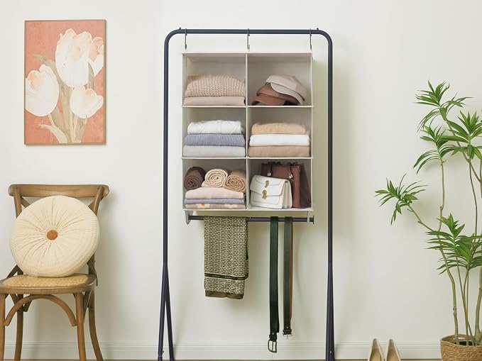 StorageWorks Hanging Closet Organizer with Rod, 6 Sections, 3 Tiers, White | Maximize Closet Space with 6 Open Sections and Built-in Rod for Hanging Clothes Below - Image 6