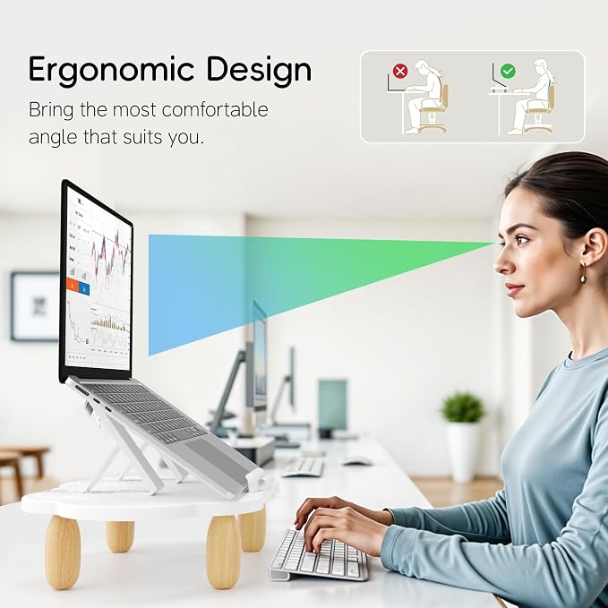 AFOOYO Adjustable Wood Laptop Stand, Ergonomic Height Angles Computer Stand, Cloud-Shaped Holder Riser Notebook Stand for Desk Compatible with Air, Pro, Dell, HP, Lenovo More 10-17.3" Laptops, White - Image 6