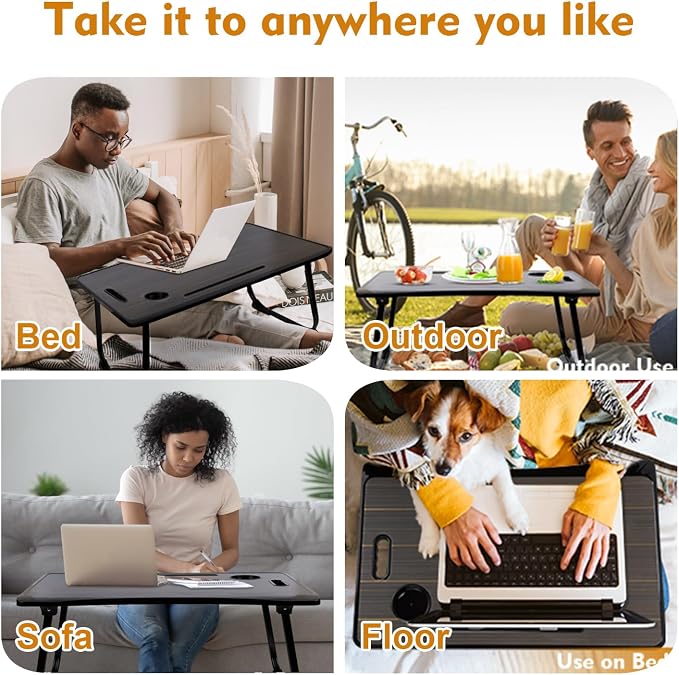 Amaredom Laptop Bed Desk Tray Bed Table, Foldable Portable Lap Desk with Storage Drawer and Cup Holder for Eating Breakfast on Bed/Couch/Sofa-Black - Image 2