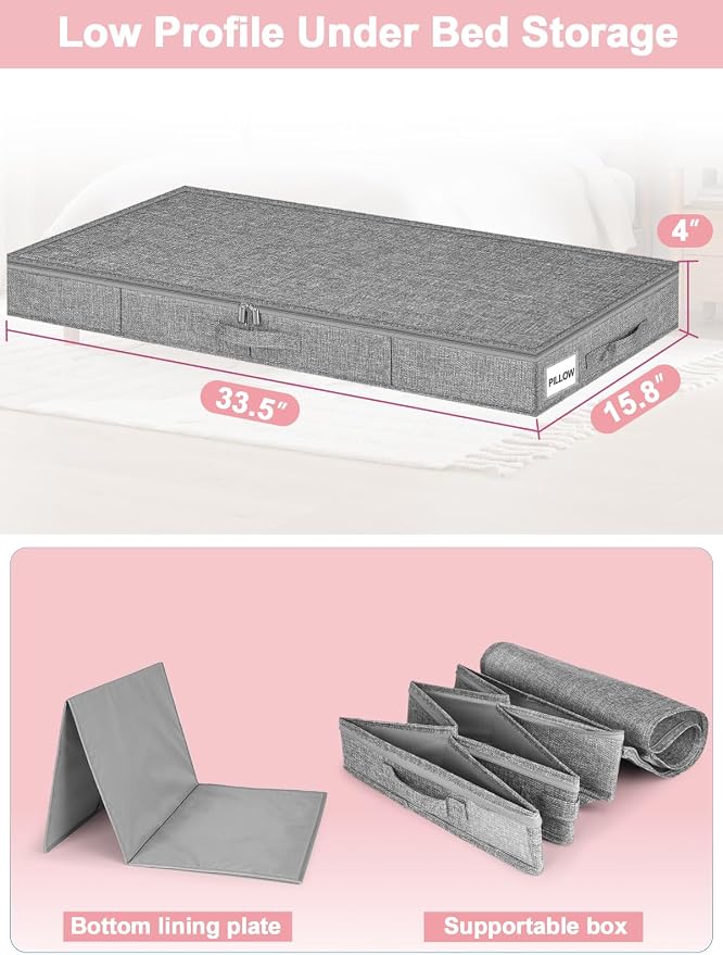 4-In Low Profile Under Bed Storage, Rigid Structure, 2 Pack, Gray | Below 4 Inch Low Space Storage, Rigid Sides & Bottom, Reinforced Handles, Foldable Design, for Couches, Cribs, Dorm Beds - Image 3