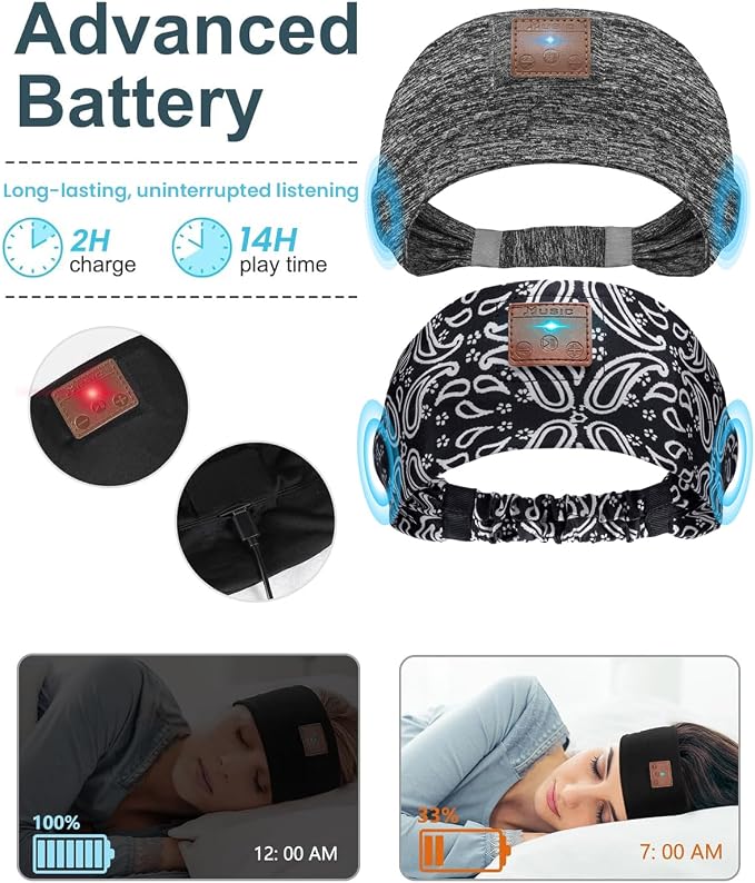 2-Pack Sleeping Headphones, Headband Headphones with Thin Speakers | Wireless Bluetooth Headband for Running Sports Workouts Yoga Travel Meditation Gift for Men Women - Gray&Pattern Black - Image 3