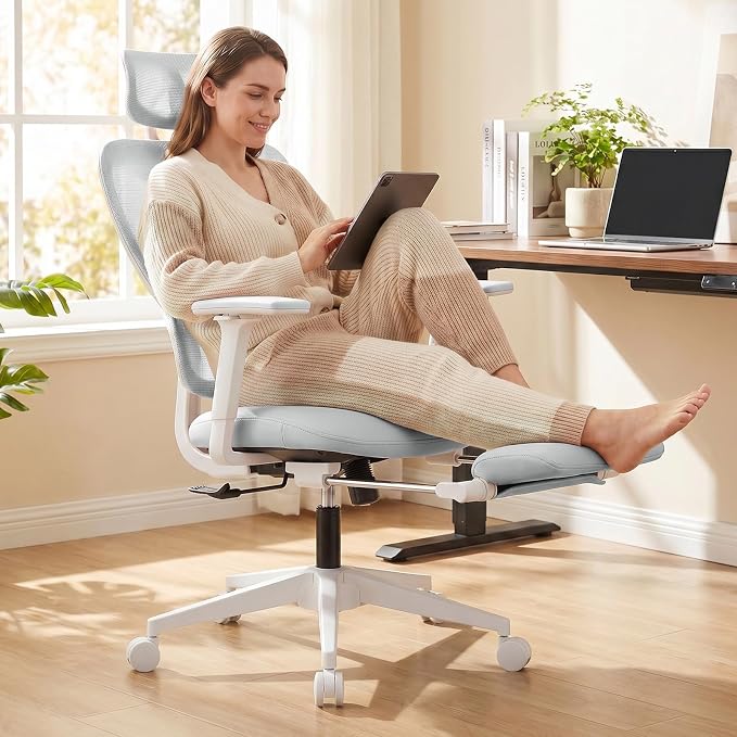 Ergonomic Office Chair with Footrest and Dynamic Lumbar Support, Grey | Reclining high-back computer chair, memory foam seat, 2D armrests, 2D headrest, mesh desk chair for home office, long hours - Image 2