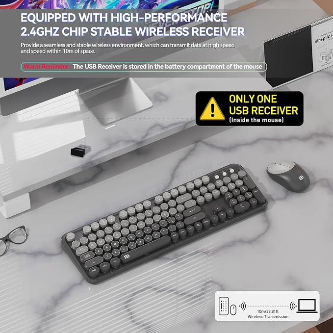 Wireless Keyboard and Mouse Combo - Cute Colorful Mouse and Keyboard 2.4G Full-Sized with 104 Round Keys Retro Typewriter Keyboards for Laptop/Windows/PC - Grey Gradient - Image 3