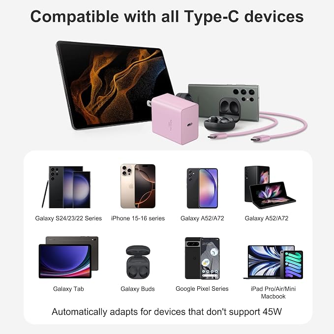 USB C Charger Type C Charger Fast Charging Long 12FT 45W Samsung Charger | for iPhone Air/17 Plus/17 Pro/17 Pro Max/16 Plus/16 Pro Max/15 Pro Max/iPad Pros/Samsung Galaxy S26/S25,Android(Pink) - Image 5