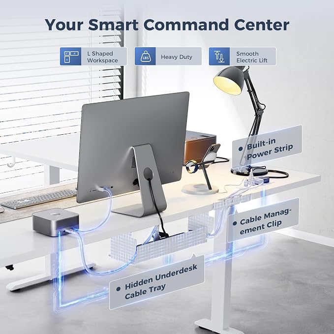 Klicelor L Shaped Standing Desk 75 x 61 Inch,Electric Height Adjustable Corner Desk with Cable Management & Power Outlets, Ergonomic Sit Stand Up Computer Table for Home Office,White - Image 4
