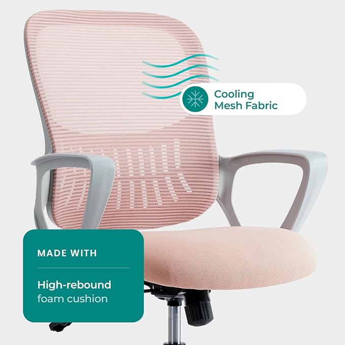 OLIXIS Home Office Chair, Mesh Desk Chair, Ergonomic Lumbar Support | Mid Back Computer Ergonomic, Height Adjustable Swivel Task, Large Seat Armrest, Adults, Pink - Image 6