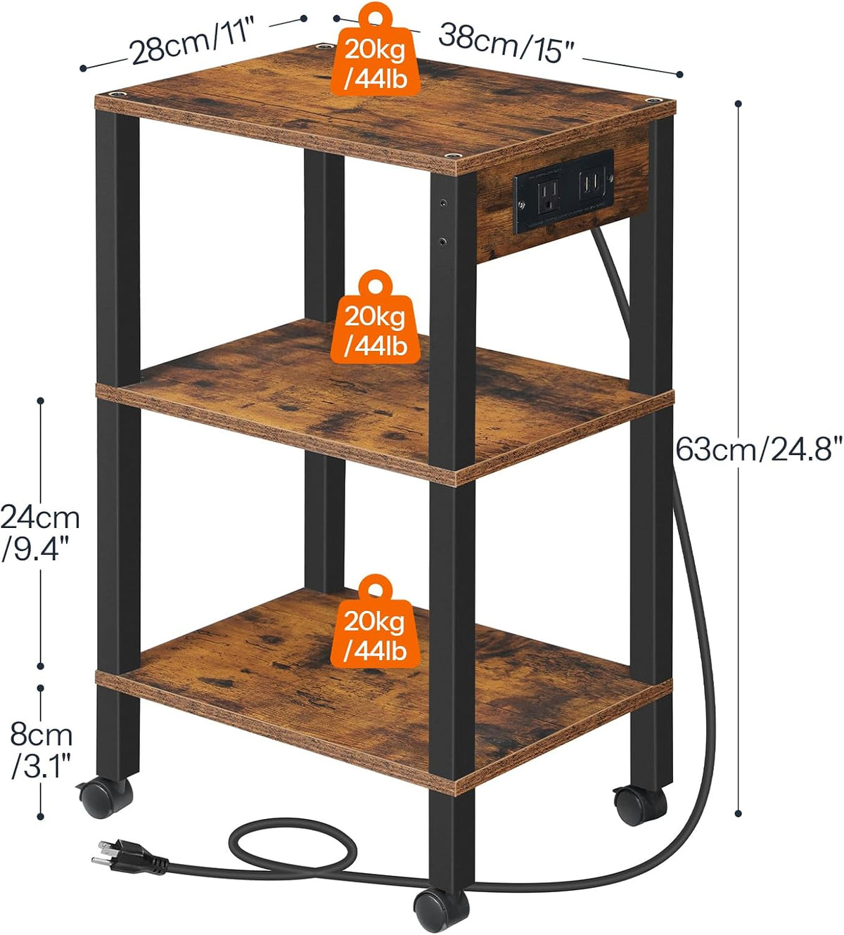HOOBRO 3-Tier Printer Stand with Charging Station, Under Desk Printer Table, Printer Cart with Storage Shelves, Shelf for Small Spaces, for Home Office, Rustic Brown and Black BF63UPS01 - Image 6