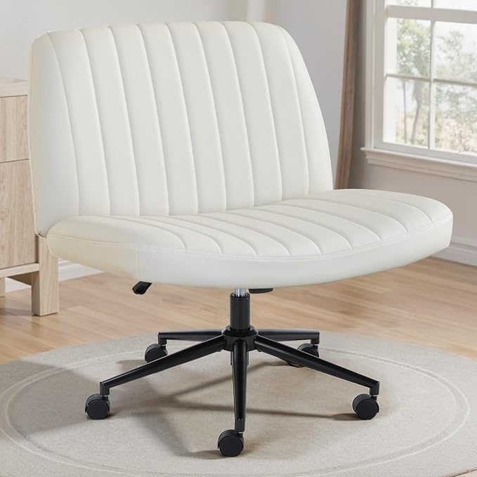 OLIXIS Criss Cross Chair with Wheels, Vanity Chair, Home Office Desk | Wide Seat Armless, Faux Leather, Height Adjustable Swivel Rolling, Home Computer Task Seating for Bedroom Study, Beige PU by OLIXIS