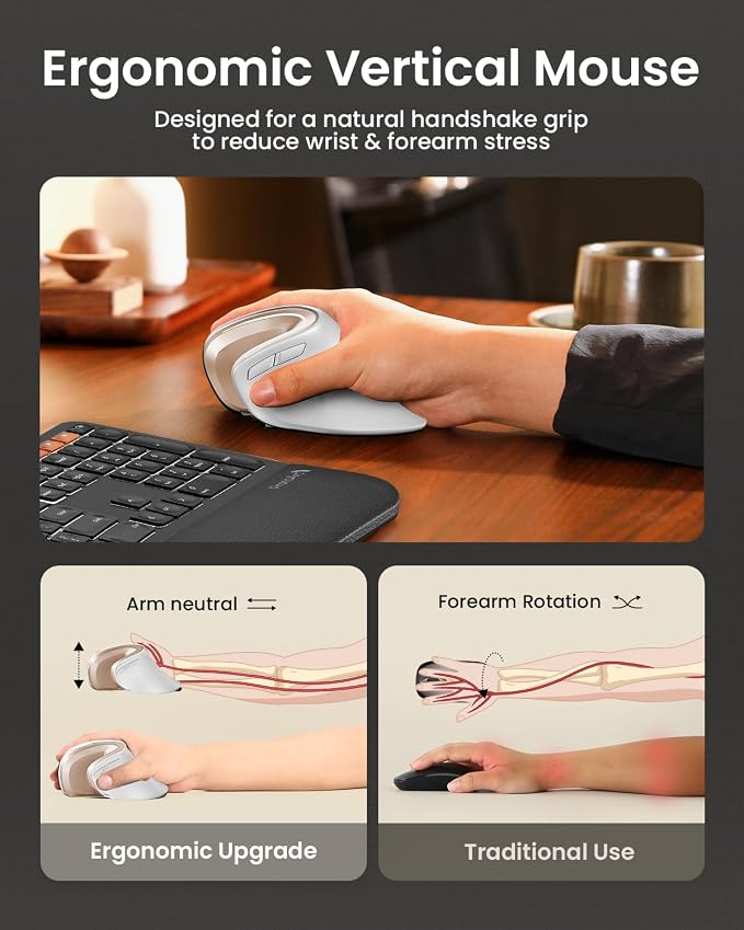 ProtoArc EM11 NL Wireless Ergonomic Mouse, Rechargeable, White Gold | 58° vertical design supports a natural wrist posture, connect 3 devices via Bluetooth/2.4G USB-A, 500mAh USB-C rechargeable. - Image 6