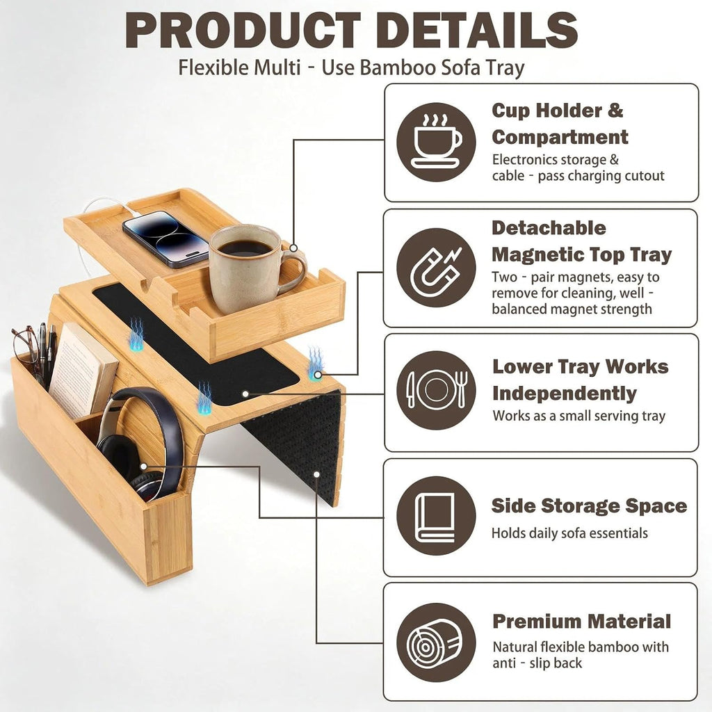 Magnetic Bamboo Couch Arm Tray with Cup Holder, Fits 6.3"+ Sofa Arms - Image 3