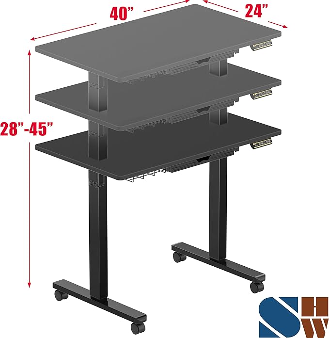 SHW Mobile Electric Height Adjustable Standing Desk w/Drawer, Black | 40" Wide Top | w/ Memory Presets and Cable Management | Drawer with adjustable compartments | Hanging Hooks - Image 3