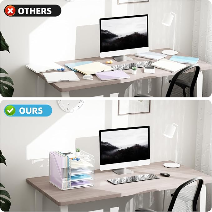 Marbrasse Desk Organizers and Accessories, 5-Tier Paper Letter Tray Organizer with File Holder, Mesh File Organizer, Office Desk Accessories & Organization for Supplies (White) - Image 5