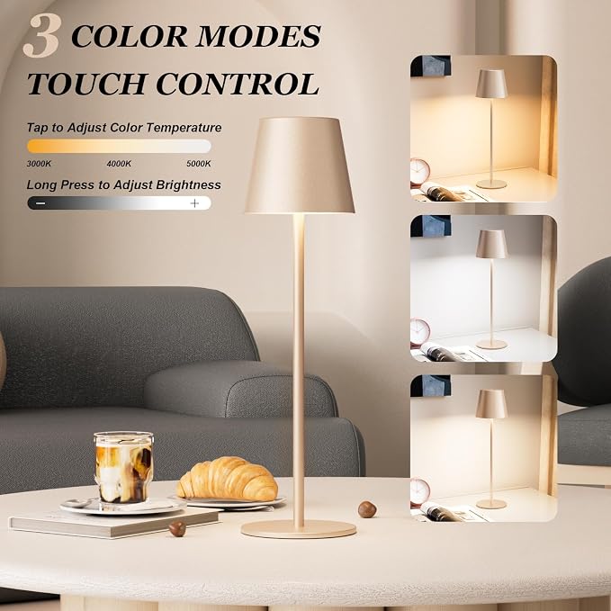 Kakanuo Champagne Gold Cordless Table Lamp Rechargeable - 2 Pack Battery Operated Lamp for Counter, 3 Color Stepless Dimming Wireless Lamp for Dining Kitchen, Outdoor Patio, Touch Control - Image 2