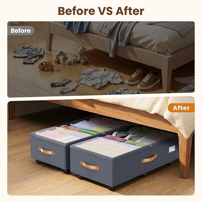 Budding Joy 80L 2 Pack Adjustable Under Bed Storage Containers with Wheels | Rolling shoe storage organizer with clear lids and label for dorm home clothes, blankets, toys, easy to install, grey - Image 8