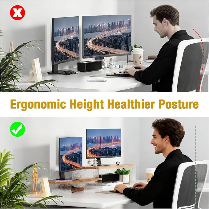 YGYQZ Adjustable Monitor Stand Riser, 9.4" ×19.3" Dual Monitor Desk Stand | Adjustable Monitor Riser, Expandable Desk Organizer, 2-Tier Storage, Acrylic Legs, Ergonomic Workspace, Wood Glacial Striae - Image 5