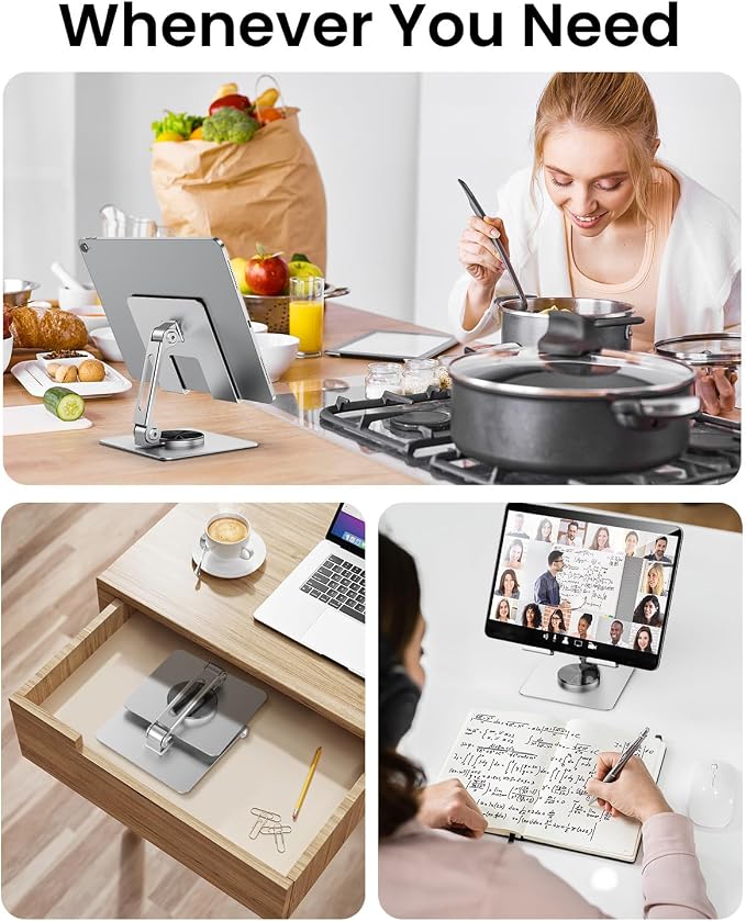 TIGRIS 360° Rotating Tablet Stand for iPad, Adjustable Foldable Metal Desk Stand, Stable Portable Tablet Holder for Office, Kitchen, Video Calls, Compatible with iPad Pro/Air/Mini, Kindle, Surface - Image 7