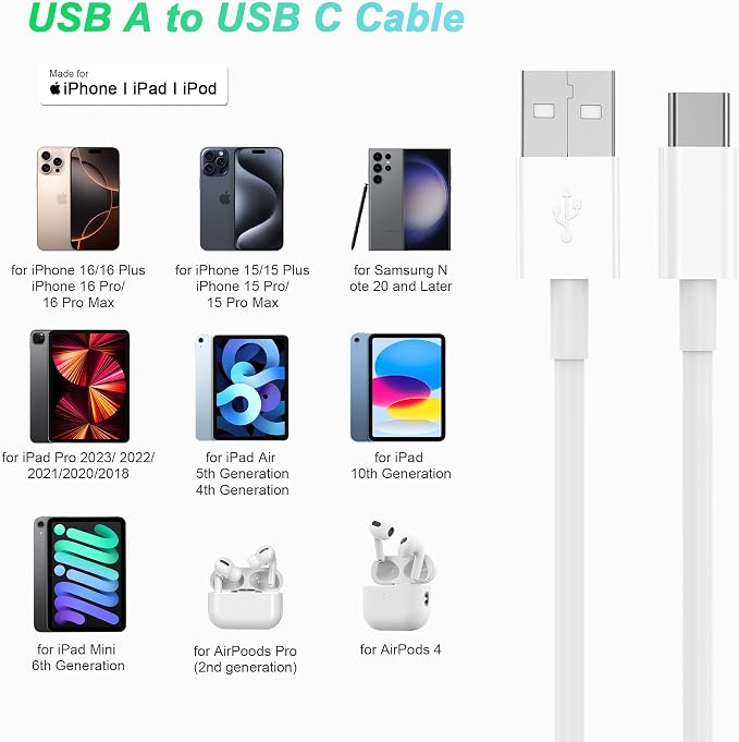 Car Carplay Cable for iPhone 15/16/17 Charger Cord,USB A to USB C Fast Charging Cable 3FT 2Pack Compatible for Apple 17 Pro Max/16 Plus/for IPad Pro 12.9/11/Air 5th/4th Mini Gen Type C Charge - Image 7