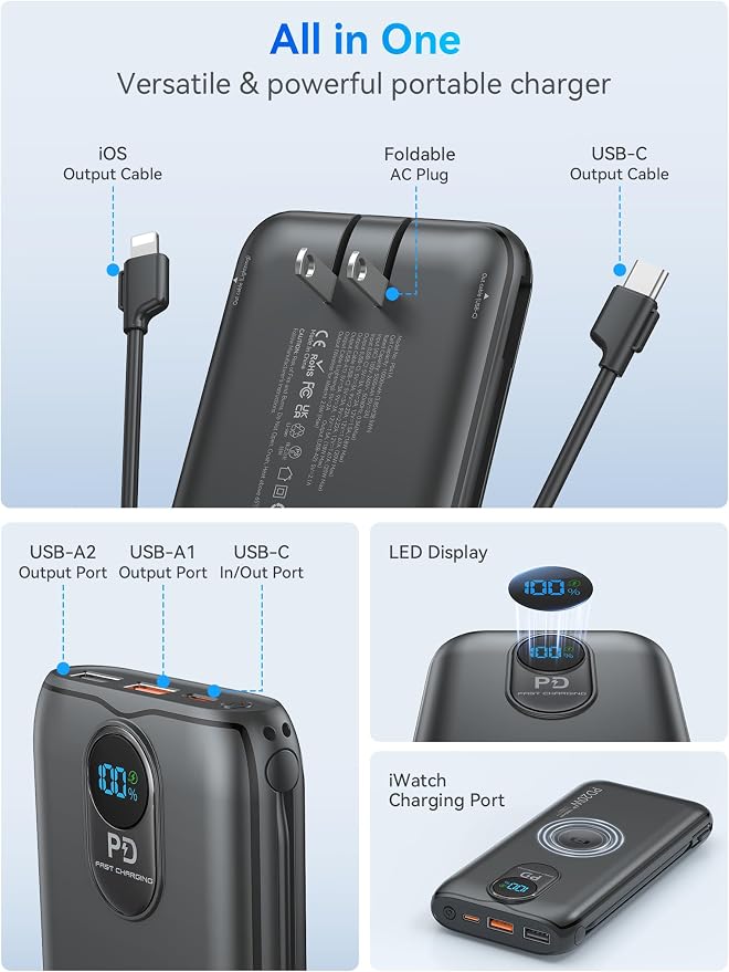 Portable Charger Power Bank 10000mAh PD20W w/Built-in Cables & AC Plug | Portable charger iphone,Fast charging, Built-in wall plug, LED display, Charge 6 devices at once, Pass through charging - Image 4