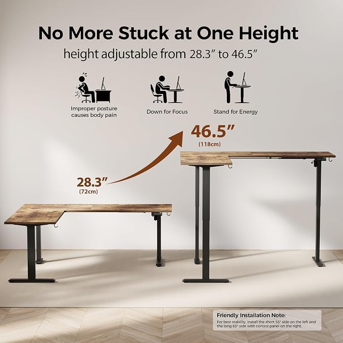 Agilestic L Shaped Standing Desk Adjustable Height, 75 Inch, Rustic Brown | Electric Height Adjustable, Spacious Corner Desktop, Sturdy Steel Frame, Memory Presets, 176 lbs, Splice Board - Image 5
