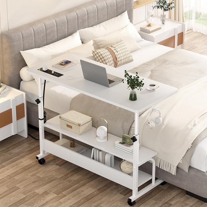 39" Rolling Standing Desk with Charging Station for Couch Bed | Height Adjust 27.5-41", 2 AC/3 USB, Mobile 4 Lockable Wheels, 2-tier Shelves Hook, Safe Corner Fast Assembly - Image 7