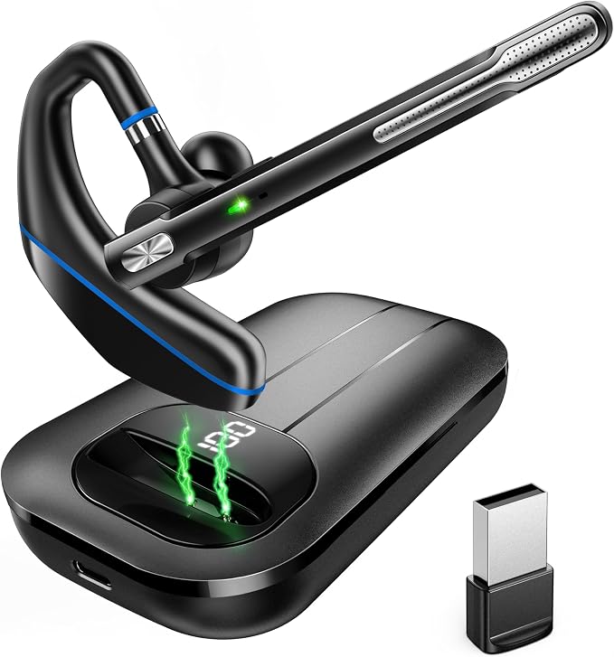 EKVANBEL Bluetooth Headset V5.3, Wireless Earpiece with 1000mAh Charging Case, 96H Talktime, Hands Free Noise Canceling Headphones with Dual-Mic for Computer Cell Phones Trucker Home Work (Blue) by EKVANBEL