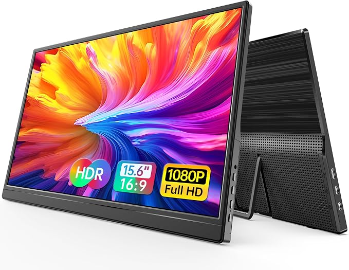 WGK 15.6 inch Portable Monitor 1080P FHD Travel Display HDMI/USB-C Compatible with Laptops, Desktops, Phones, PS, Mac, Xbox, Switch, and Other Gaming Devices Includes Stand and Speakers VESA by Unknown