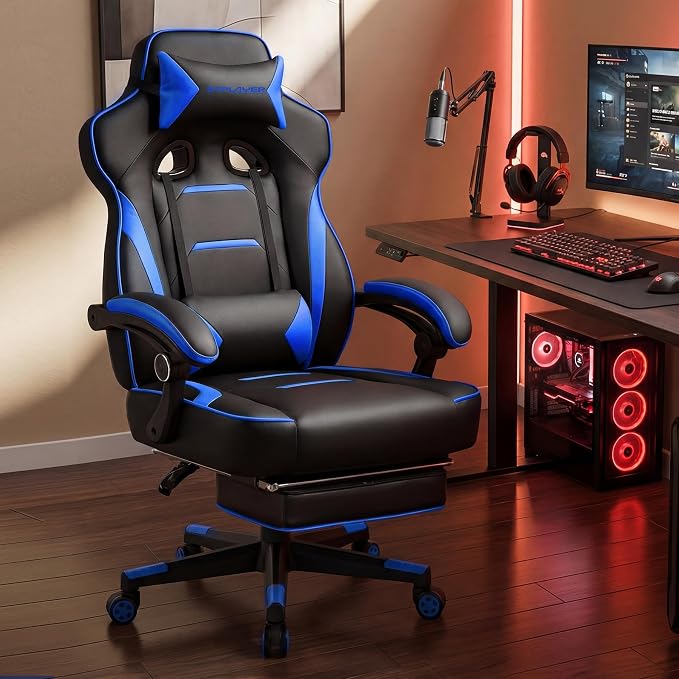 GTPLAYER Gaming Chair with Footrest, 350LBS Big and Tall Office Chair, Ergonomic High Back Lumbar Support and Recliner for Back Pain Relief, Blue - Image 2