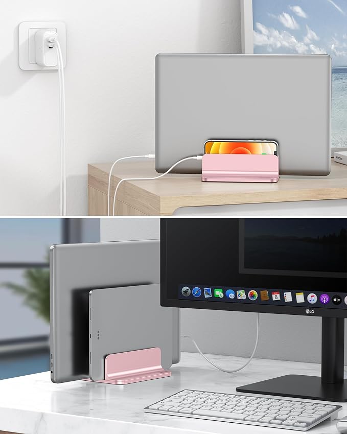 OMOTON Dual Vertical Desk Laptop Stand Holder, Fits MacBook Air, Rose Gold | Aluminum Laptop Storage Rack for Desk, Adjustable Dock for Up to 17.3 in. Gaming Laptop, Space-Saving Desk Organizer - Image 7
