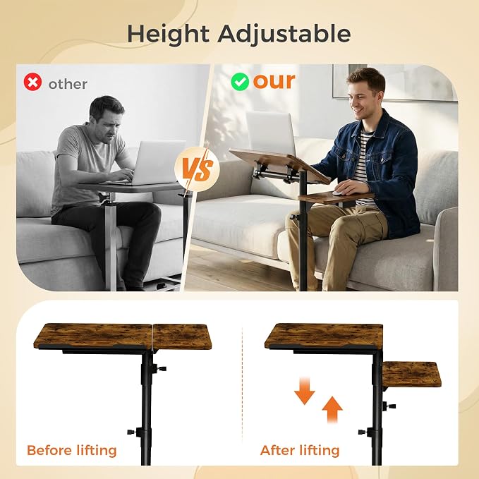 YUHFERA Rolling Table for Laptop Stand, Height and Angle Adjustable Over Bed Table with Wheels, Tilt-Top Laptop Desk for Couch with Cup Holder, Bed Table Tray for Eating (Brown) - Image 7