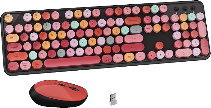 Colorful Wireless Keyboard and Mouse Combo Red Colorful | Full-Sized Office Keyboard with Typewriter Flexible Keys, 2.4GHz Dropout-Free Connection, Optical Mouse for PC Laptop by FCPLU