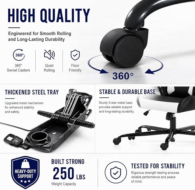 BestOffice High-Back Gaming Chair PC Office Chair Computer Racing Chair PU Desk Task Chair Ergonomic Executive Swivel Rolling Chair with Lumbar Support for Back Pain Women, Men,White - Image 6
