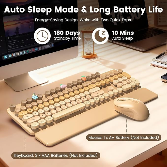 Wireless Keyboard and Mouse Combo, Full-Size Retro Typewriter Keyboard with Round Keycaps, Magnetic Wrist Rest & Tilt Legs, 2.4GHz Cordless for Mac/Windows PC/Laptop, SABLUTE CK23, Latte Gradient | Full-Size Retro Typewriter-Style Keyboard, Tilt Legs, ... - Image 6