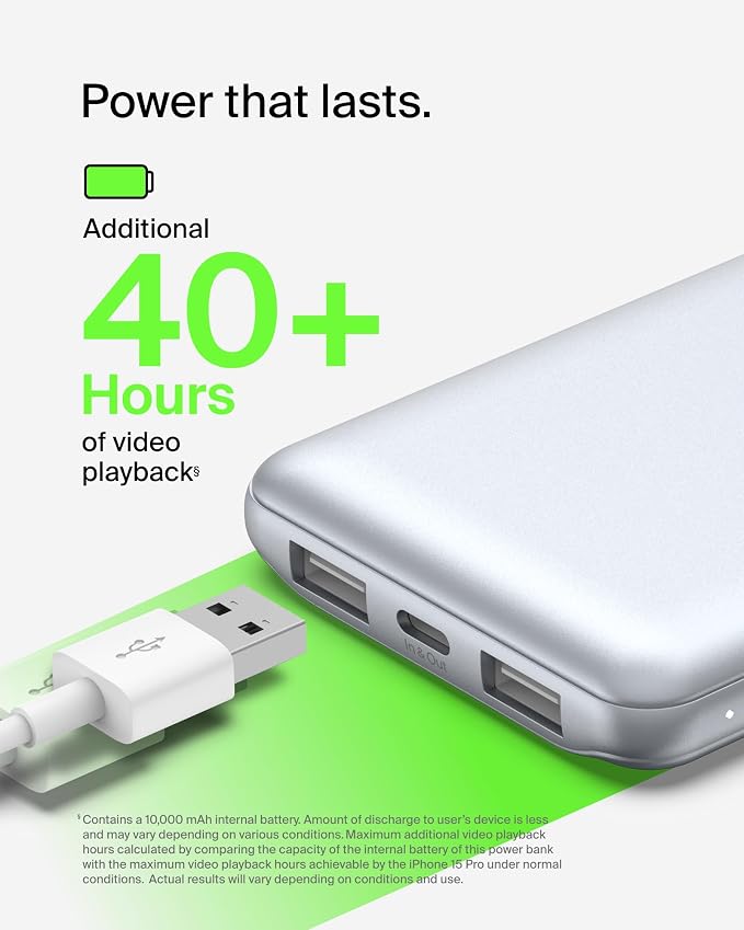 Belkin 10000mAh 15W 3 Port Power Bank, USB A to USB C Cable Included | Fast Charging, iPhone 17, Samsung Galaxy, Pixel, Airpods, iPad, Nintendo Switch 2, Battery Pack, USB C Port, USB A Port - Image 5