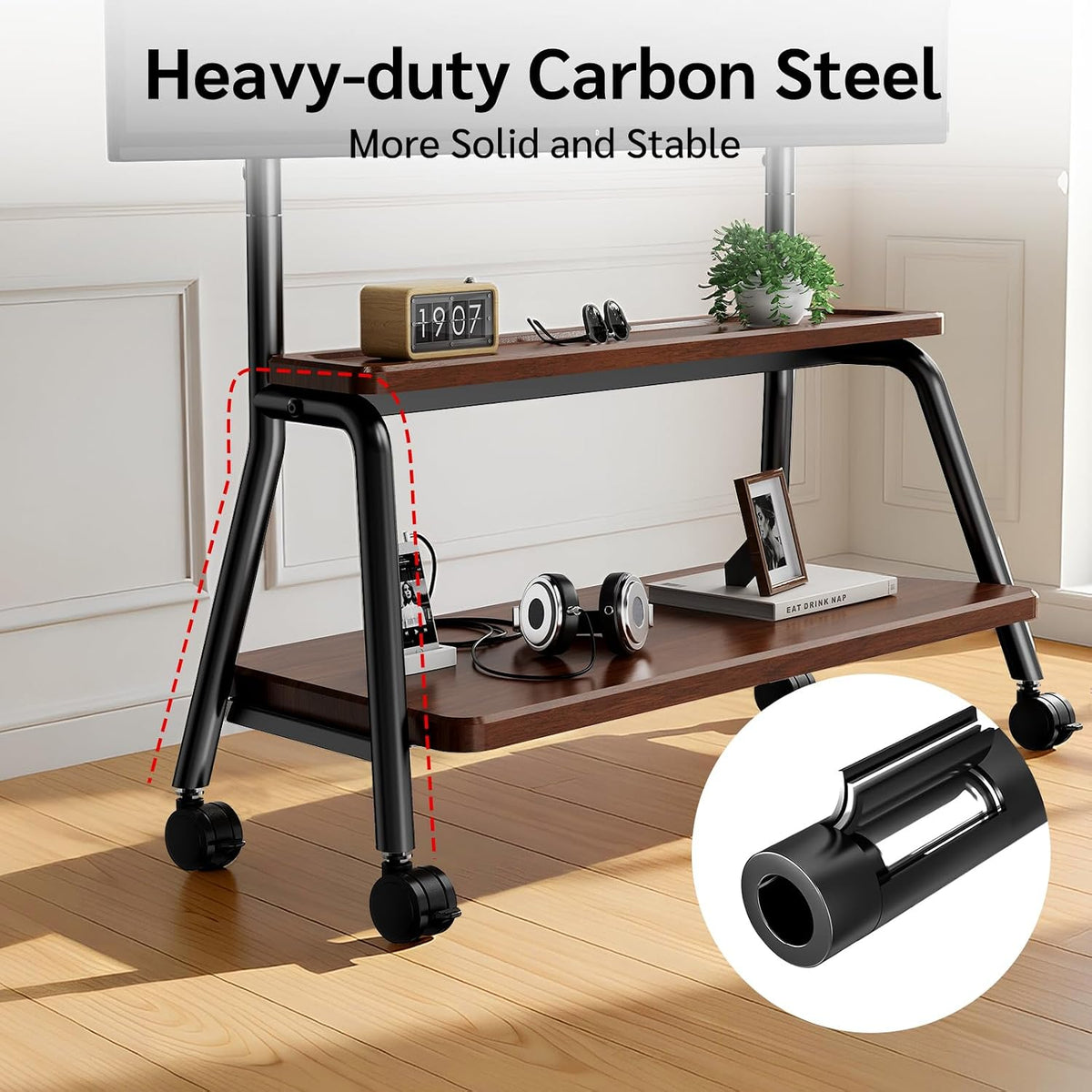 Mobile TV Stand on Wheels, Heavy-Duty Rolling TV Cart for 32-75 Inch TVs (Walnut, 32-75inch) - Image 6