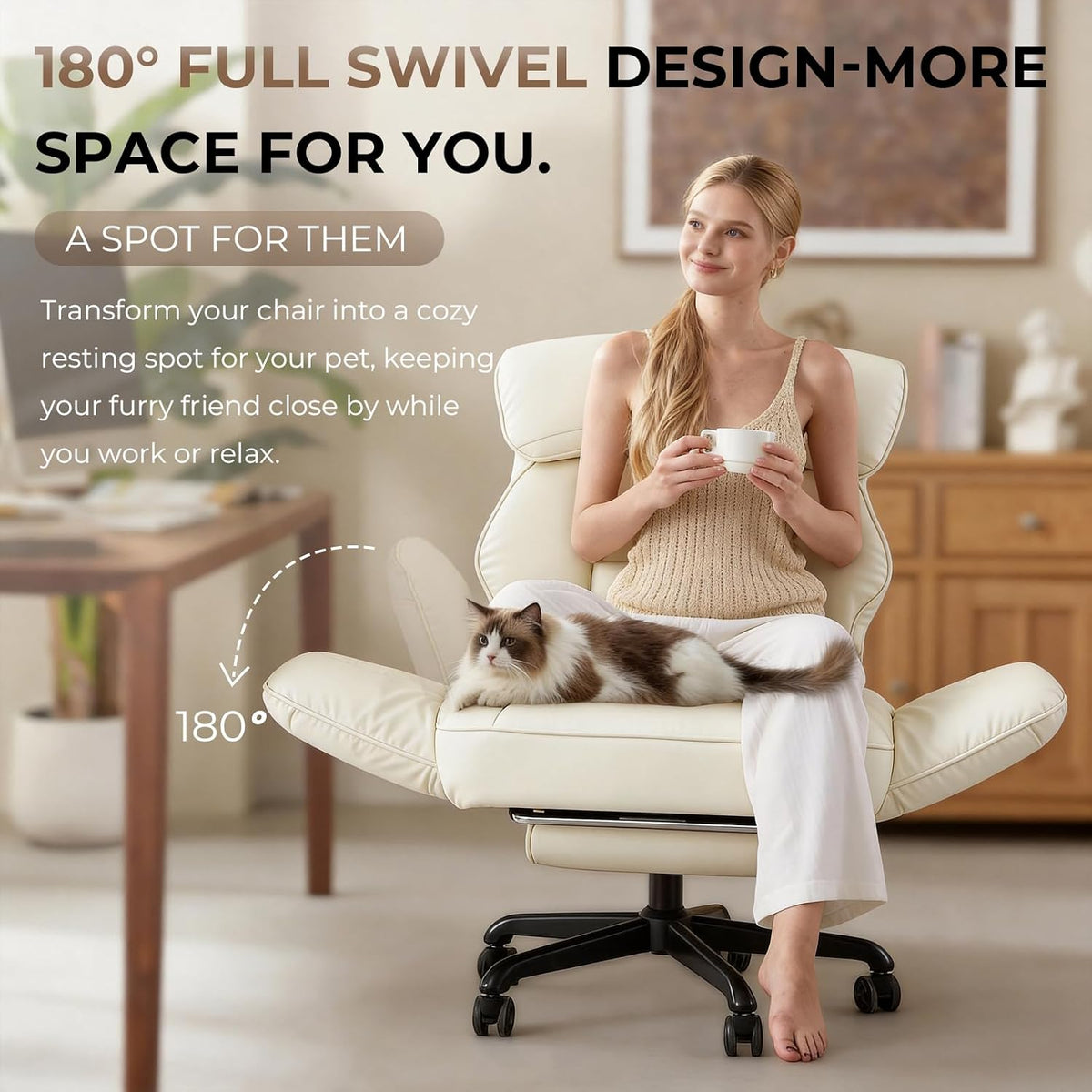 Dowinx Cross Legged Office Chair with Pivoting Armrests,Criss Cross Chair with Pocket Spring Seat & Back,Reclining Computer Gaming Chair with Footrest and Metal Base (Cream) - Image 3