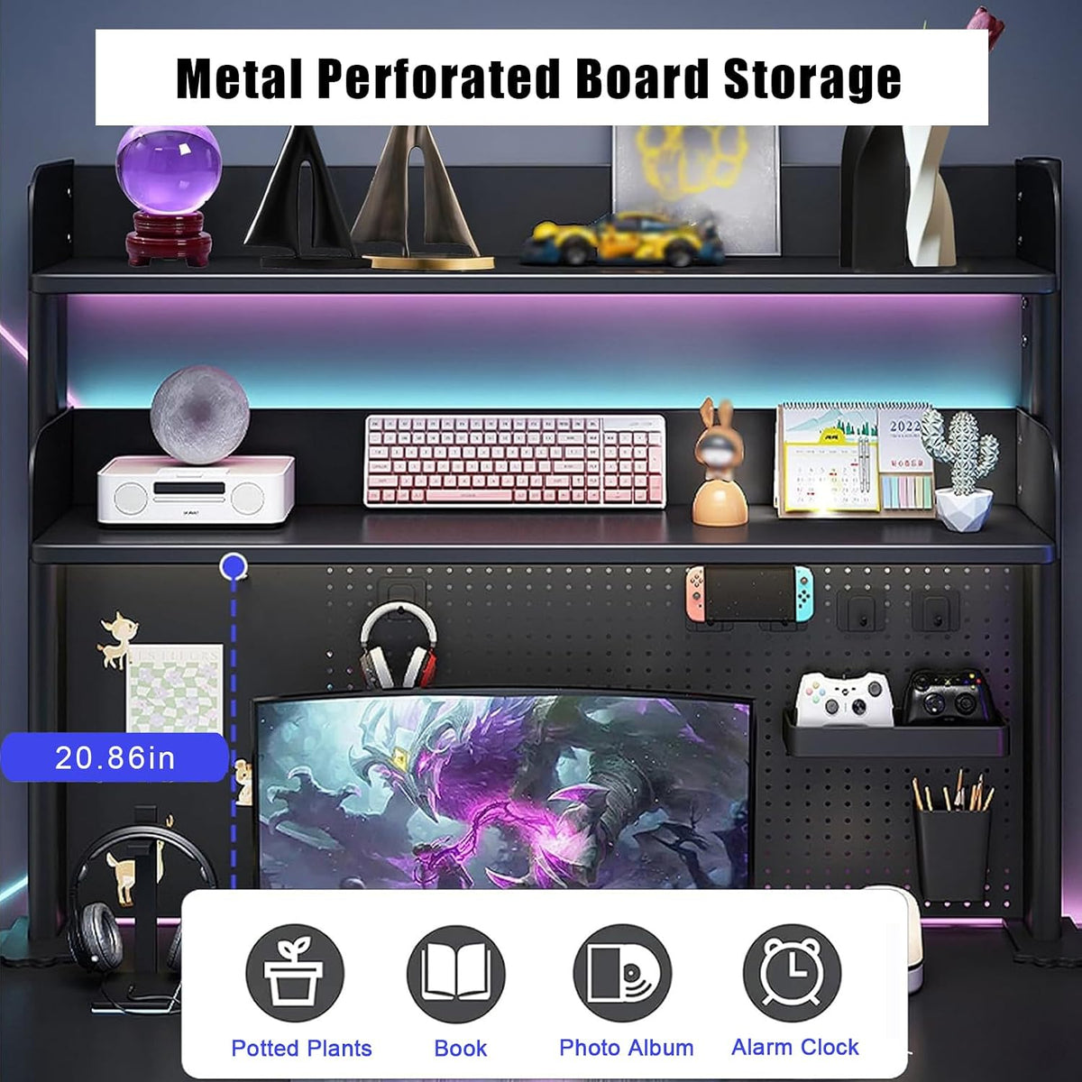 Computer Desktop Bookshelf with Pegboard,Clamp On Desk Organizer Shelf,Desktop Organizer Bookshelf Storage Shelves for Home Office Dorm Gaming Desk(31.4in, Black) - Image 4