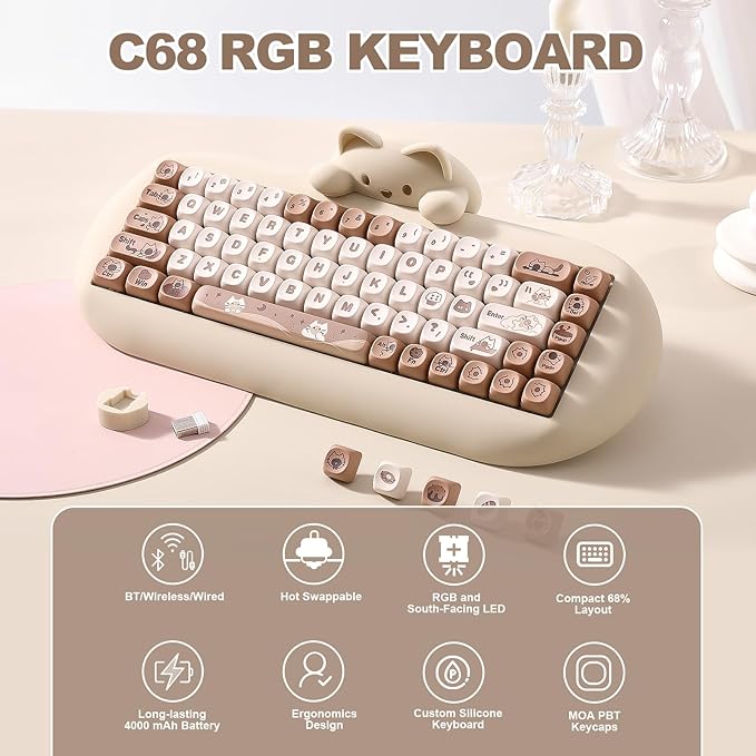 YUNZII C68 Silicone Cute Cat Mechanical Keyboard (Brown,Cocoa Cream Switch) | Wireless Triple Mode BT5.0/2.4G/Wired, RGB Backlit NKRO, Cute Cat Silicone Ergonomic Design for Win/Mac - Image 2