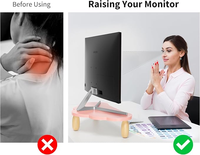 AFOOYO Monitor Stand Riser,Cloud-Shaped Sturdy Wood 16.5In Computer Monitor Riser Wirh Drawer, Multi-Purpose Desktop Organizer Riser for Computer,Laptop,Printer,TV,Pink - Image 3