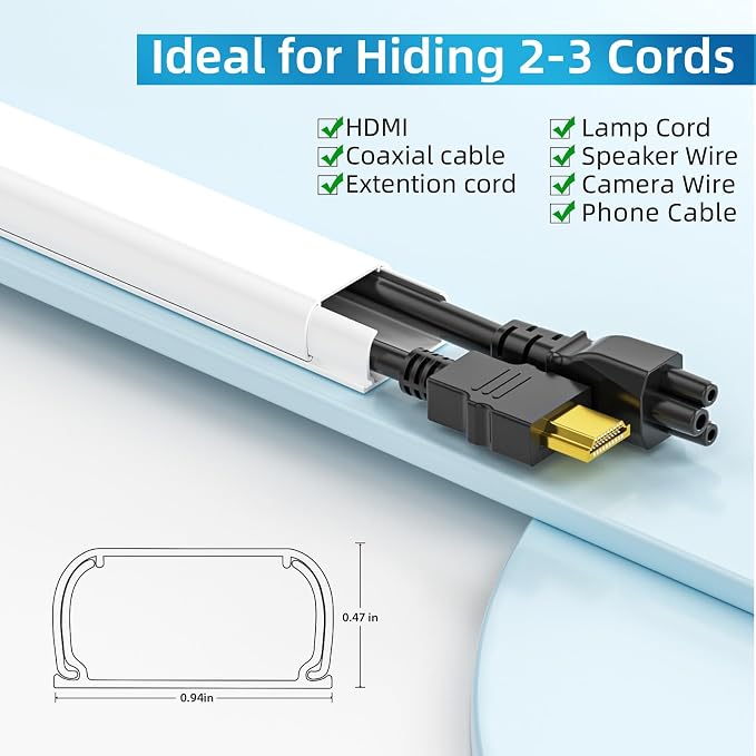 Yecaye 235in Wall Cord Hider for 2-3 Cords, W0.94in H0.47in, White | Medium Cord Covers for Wires on wall, On-Wall Cord Cover Cable Concealer - Image 2