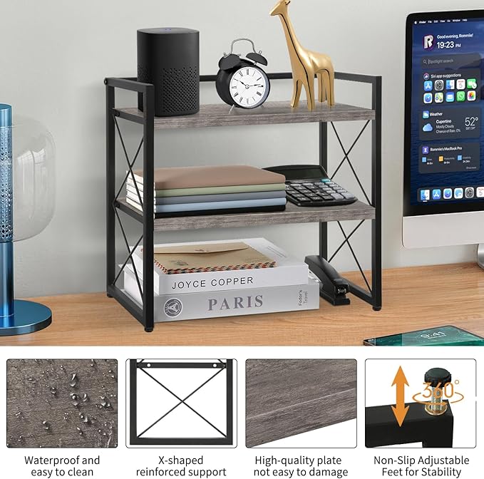 YINMIT Desktop Shelf Organizer, 2 Tier Office Shelves, Wood Desk Organizer Storage Rack and Freestanding Display Shelf for Office, Dormitory, Home (Grey) - Image 4