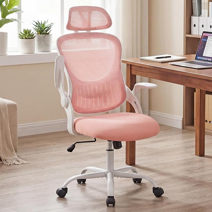 Ergonomic Desk Chair Comfy, Mesh Office Chair, for Home Office | Adjustable Headrests, Flip-up Arms, Breathable Mesh High-Back, Swivel Wheels, for Girls, Pink by HAPPYMONTLLC