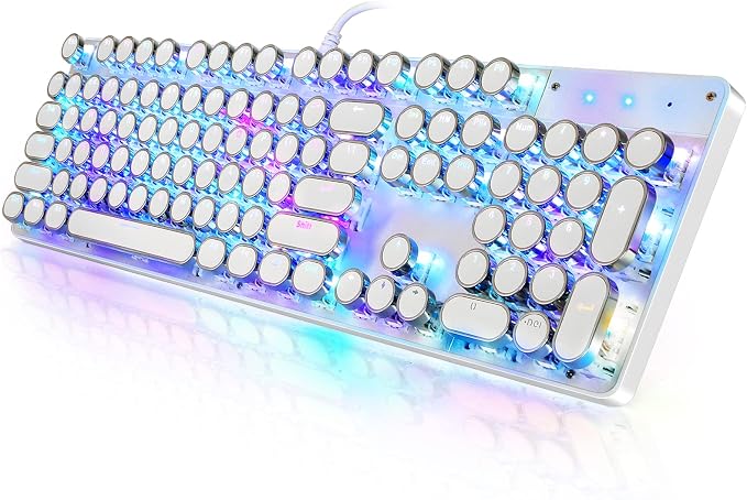 YSCP Typewriter Style Mechanical Gaming Keyboard RGB Backlit Wired with Blue Switch Retro Round Keycap 104 Keys Keyboard (R-White) by YSCP