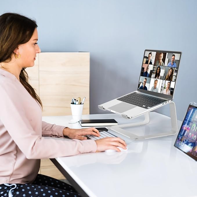 GleYo Laptop Stand for Desk Portable Computer Riser Metal Notebook Holder Printer Stand Office Desk Accessories Compatible with MacBook Air, Pro, Dell, HP, Lenovo and All 10-16" Laptops, Silver - Image 5