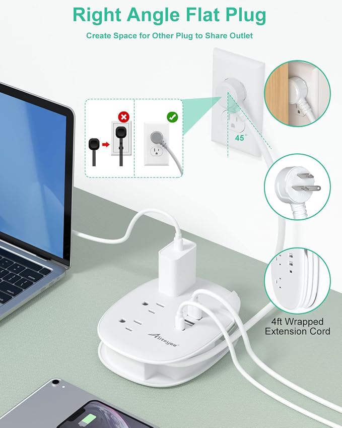 Alitayee USB C Travel Power Strip,3 Outlets 3 USB Ports,4ft Extension Cord | 3 USB Ports,Portable Power Strip,4ft Wrapped Around Extension Cord,Flat Plug,No Surge Protector,For Cruise Travel Home Office - Image 5