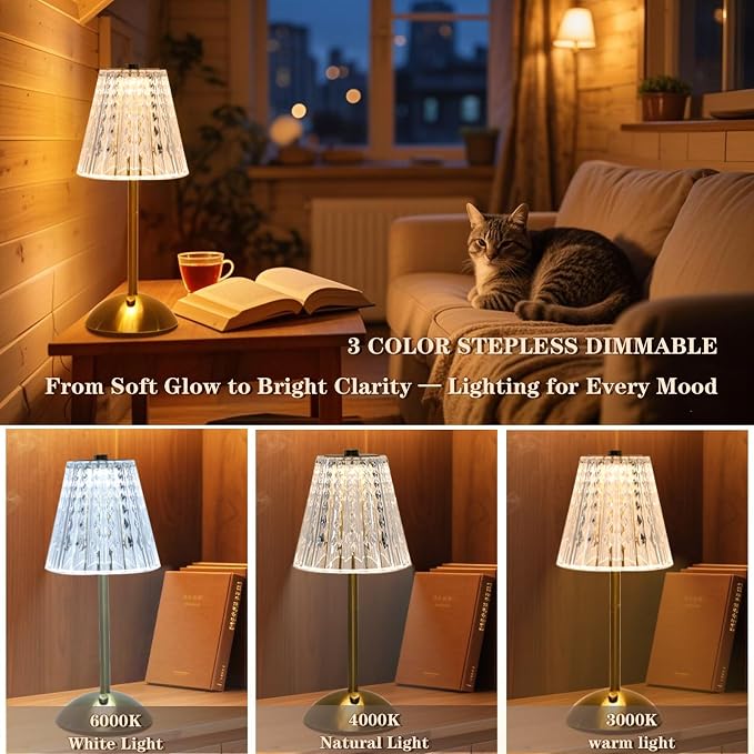 Crystal Table Lamp, 5000mAh Rechargeable Lamp with Touch Control, 3 Color Temperatures, Dimmable Brightness, Matte Aluminum Light for Bedroom/Bar/Kitchen/Outdoor (Fashion Gold, 5.55Inch-1Pc) - Image 3