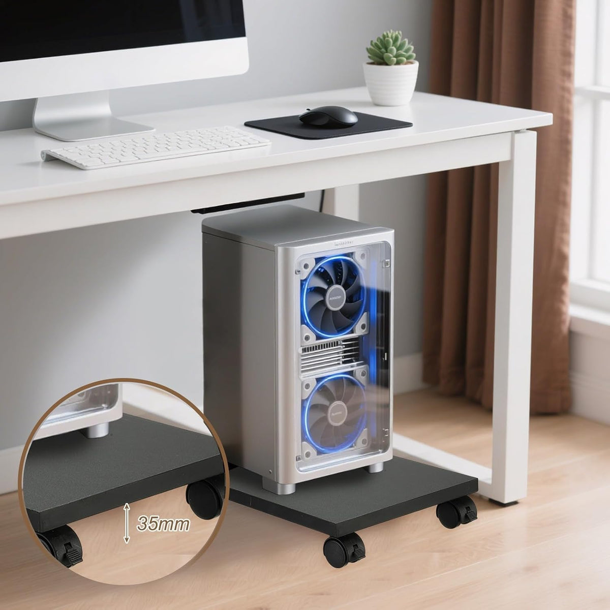 PATIKIL 8x16in PC Stand, Computer Tower Stand Wood CPU PC Holder Under Desk Mobile Cart 4 Caster Wheel for Floor Carpet Tower ATX Case Printer Potted Planter UPS Power Station, Brown - Image 6