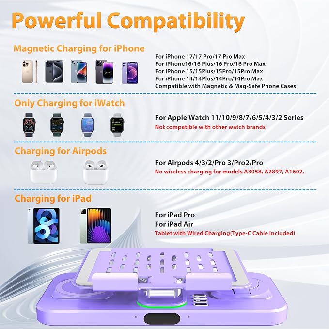 Wireless Charging Station for Apple Devices, Only for Apple Watch Charging | Included Type-C Cable for Tablet Charging, Foldable Wireless Charging Station, 7 Cycling Ambient Lights, Time Clock Display - Image 2
