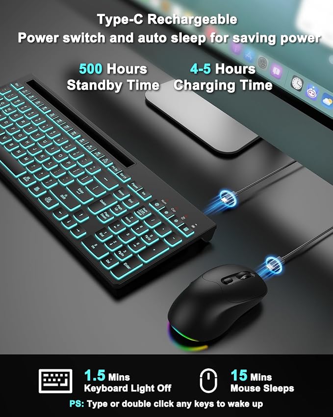 Wireless Keyboard and Mouse Combo, 7 Backlit Effects, Light Up Letters, Rechargeable, Phone Holder, 6 Button Mouse, Ergonomic Tilt Angle, 2.4GHz Silent USB Keyboard Mouse for Laptop, PC - Image 3