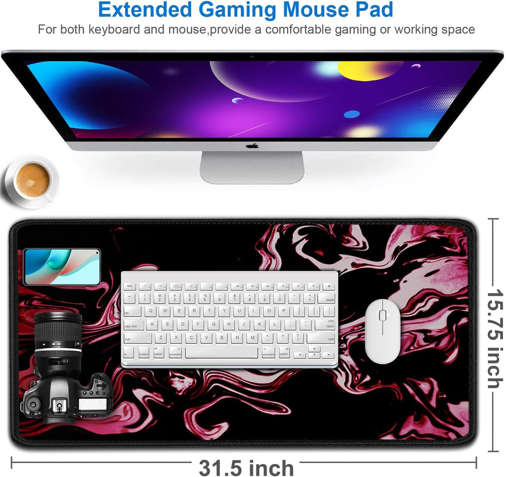 Gaming Mouse Pad, 31.5x15.7 inch Large Extended Computer Keyboard Mouse Mat, Water Resist Non-Slip Mousepad Rubber Base Long XXL Desk Mouse Pad for Gaming, Office & Home, Marble Red - Image 2